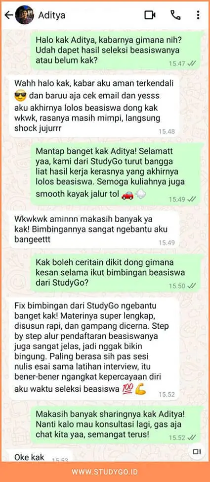FOTO Testimoni / Kesan / Pengalaman Belajar dari Awardee / Alumni / Peserta / Siswa pada Bimbingan Beasiswa Turki No.1 Terbaik Lolos Turkiye Government Scholarship / Study in Turkiye Scholarship / Turkiye University Scholarship / Turkiye Burslari Scholarship / YTB Scholarship / Turkiye Diyanet Vakfı (TDV) Scholarship / Turkiye Diyanet Foundation Scholarship / Islamic Development Bank (IsDB) Scholarships / Bosphorus Scholarship Program / Turkish Cultural Foundation (TCF) Scholarship / Yunus Emre Institute Turkish Language Scholarship / Ibn Haldun Social Sciences Scholarship / Sabancı University Scholarship / Koç University Scholarships / Bilkent University Scholarships / Middle East Technical University (METU) Scholarships / Istanbul University Scholarships / Anadolu University Scholarships / Istanbul Sehir University Scholarships / Yeditepe University Scholarships / Fatih Sultan Mehmet Vakif University Scholarships / Eastern Mediterranean University (EMU) Scholarships / Boğaziçi University Scholarships / Hacettepe University Scholarships / Istanbul Technical University (ITU) Scholarships dalam Turkiye Scholarship Mentoring bersama Expert Mentor di StudyGo
